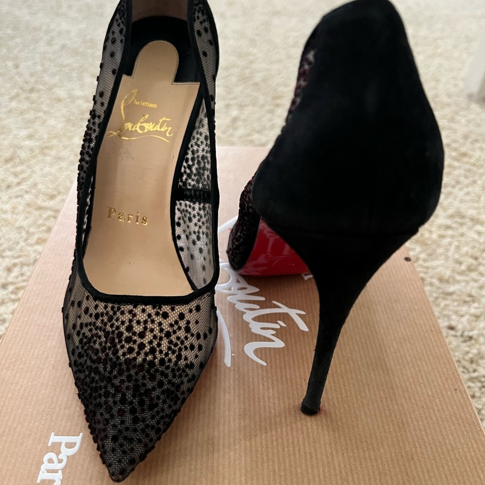 Christian Louboutin black heels with black suede dots